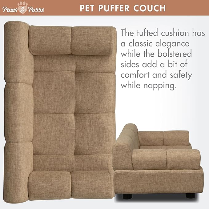 Paws & Purrs Puffer Pet Sofa Bed, Dog or Cat Couch with Tufted Cushion and Armrest, Stylish Indoor Pet Furniture, Sand