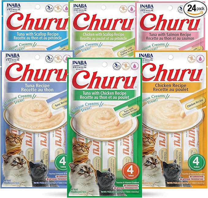 INABA Churu Lickable Purée Wet Treat for Cats - No Grains, No Preservatives, with Added Vitamin E and Green Tea - 6 Flavor Pack of 24 Tubes