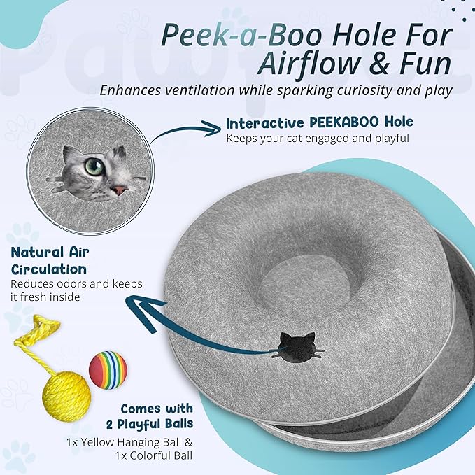 MeowMates Peekaboo Cat Cave Donut Bed for Multiple Cats Upto 45lbs, 3-in-1 Large Cat Tunnel & Donut Bed Combo w Round Tunnel Scratcher for Indoor Cats, Hanging Toy, Washable & Detachable - Grey
