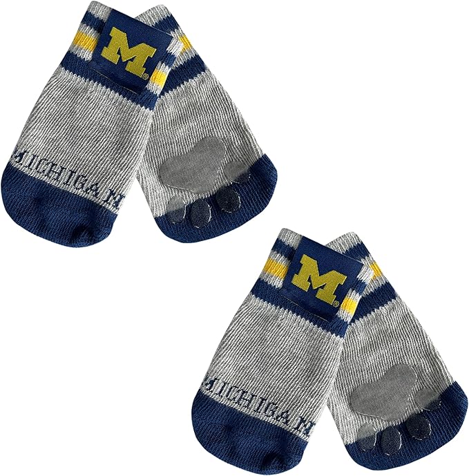 NCAA Michigan Wolverines Anti Slip Dog Socks with Elastic Ribbed Top, Size Medium/Large. Indoor/Outdoor Socks, Best Dog Paw Protector, 2 Pairs of Pet Socks with Your Favorite Collegiate Sports Team
