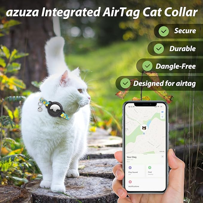 azuza AirTag Cat Collar Breakaway, Integrated Cat Collar with Air Tag Holder Safety Lightweight GPS Tracker Holder for Cats, Lemon, Cats (8-12inch)