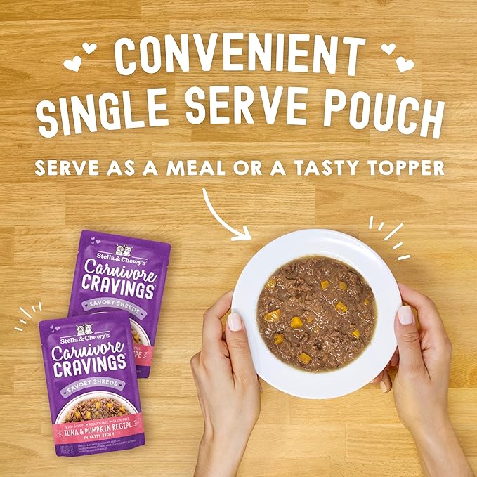 Stella & Chewy's Carnivore Cravings Wet Cat Food - Premium Pouches - Grain Free, High Protein Tuna & Pumpkin - Perfect for Picky Eaters - Complete Meal or Topper (2.8 oz, 12 Pack)