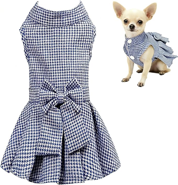 Classic Plaid Dog Dress with Bow Tie for Small Dogs Cats Girls, Cute Puppy Dresses Clothes with Bowknot Chihuahua French Bulldog Pet Apparel Outfits (Blueberry Blue, Medium)