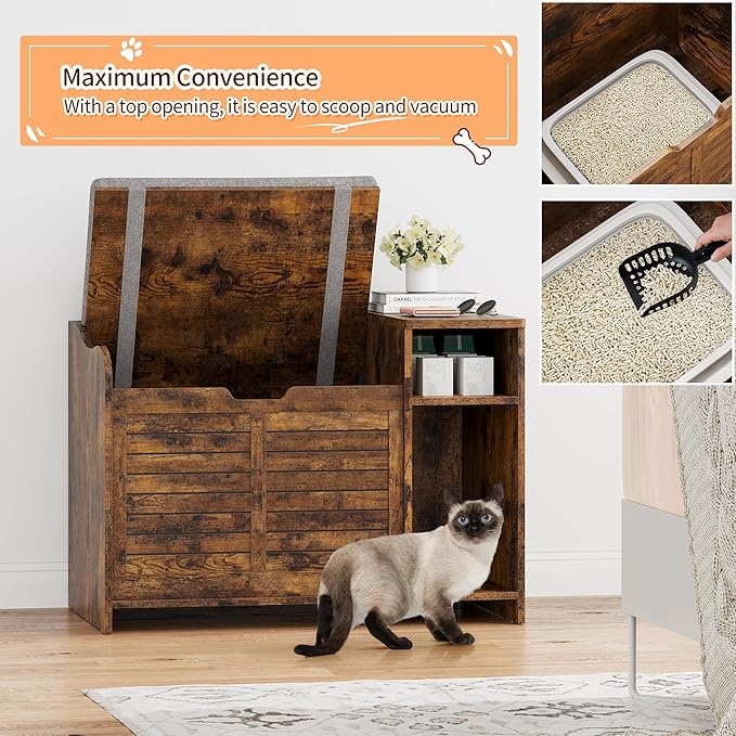 TROPOW Cat Litter Box Enclosure Furniture with Top Opening and Cushion, Hidden Litter Box Cabinet with Storage, Privacy Cat Box Enclosure, Brown