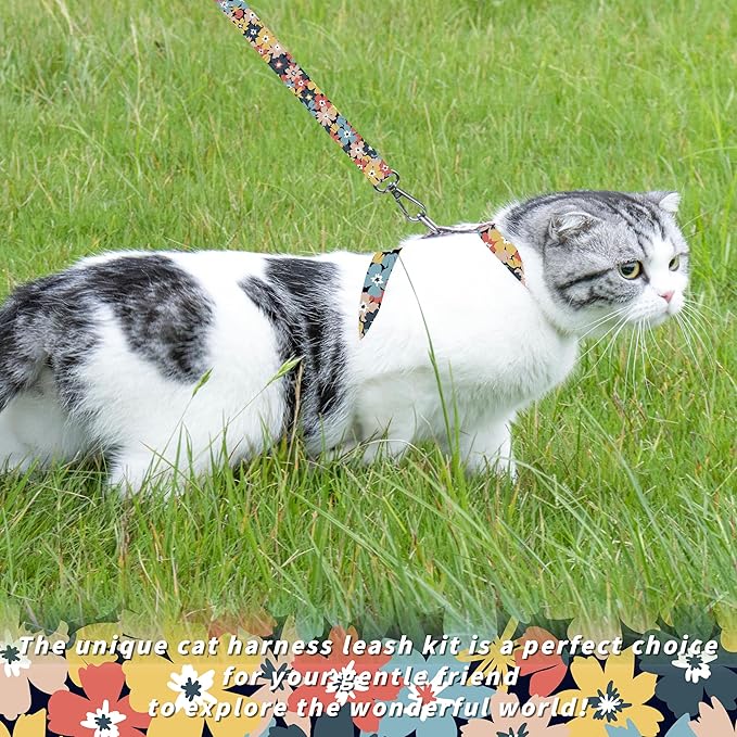 Seyezo Cat Harness and Leash Set, Adjustable Kitten Harness Escape Proof Cats Harness, Soft Lightweight Walking Travel Pet Harness, Cute Kitty Harness Leash Set for Small Medium Cats, Multi-Floral