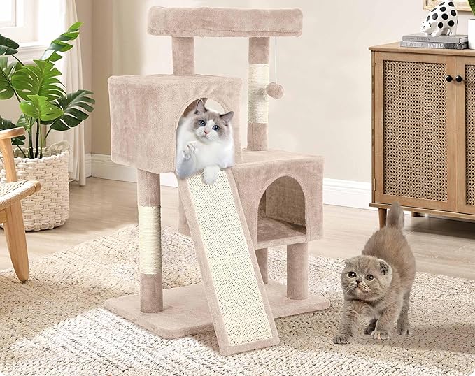 Cat Tree Tower, 36.4" Small Cat Tower for Indoor Cats with Cat Scratching Post with Bed, Cat Condo, Hang Ball, Multi-Level Cat Climbing Tower Cat Trees Cat Furniture Activity Center, Beige