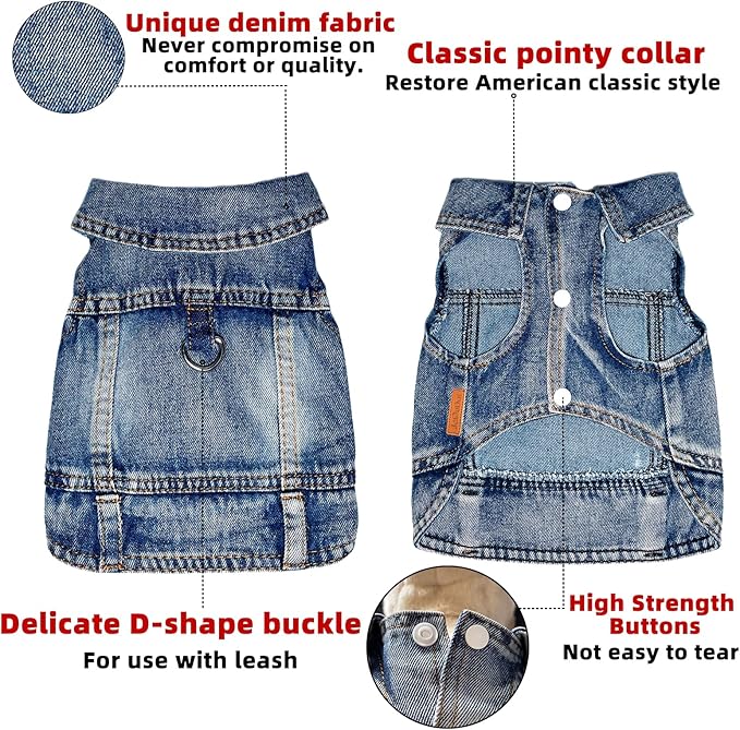 Dog Jean Jacket Pet Blue Denim Coat for Puppy Small Dogs Fashion Classic Overalls Girl Male Boy Cat Costumes Vintage Washed Vest Clothes Outfit Shirts (Blue, X-Large)
