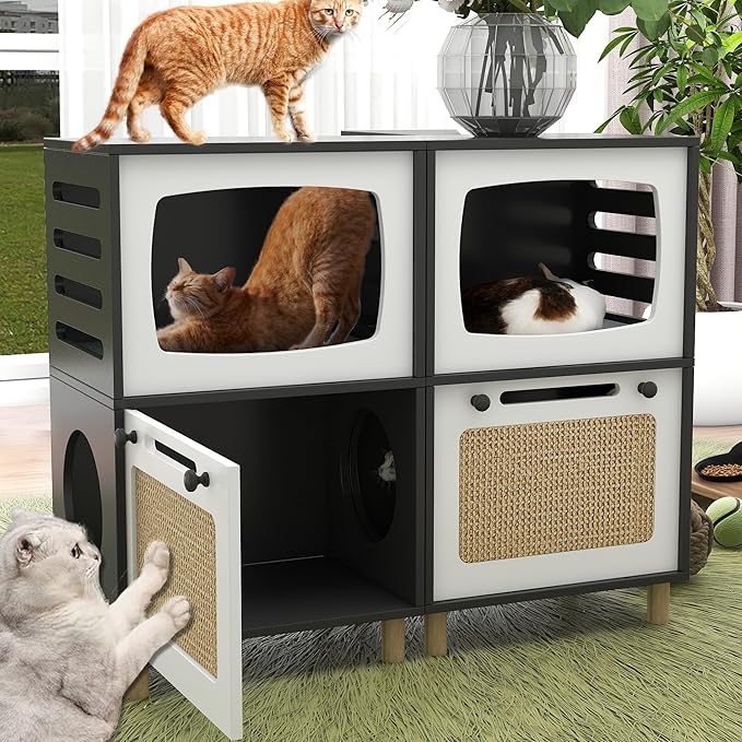 TaoHFE Cat Hideaway Modern Cats Furniture for Living Room Cat Houses for Indoor Cats with Scratching Pad & Soft Cushion, Cats Beds for Indoor TV Design end Table, Black