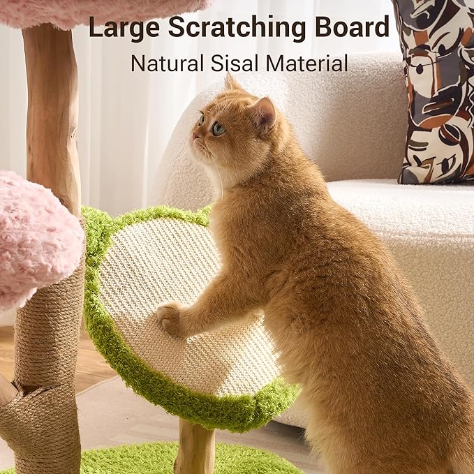 Aesthetic Flower Cat Tree Tower with Scratching Post for Indoor Cats, 30" H Modern Cat Tree with Natural Solid Wood Branch, Fluffy Cat Beds Removable & Large Scratching Board, Creamy White