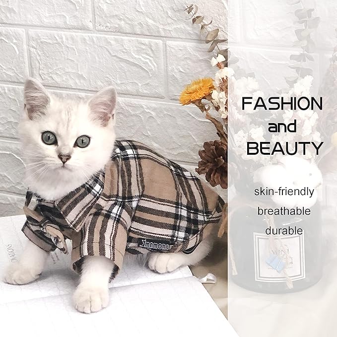Pet Shirt Clothes for Dogs and Cats, Puppy Plaid Cotton Polo Shirts Adorable Casual Pet Apparel T Shirts (Khaki, X-Small)