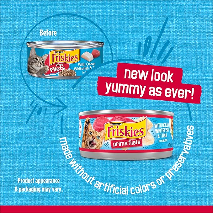 Friskies Purina Prime Filets with Ocean Whitefish and Tuna in Sauce High Protein Wet Cat Food - 5.5 oz. Cans (Pack of 48)