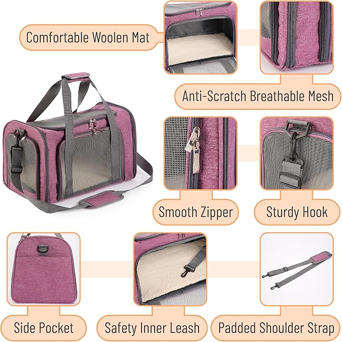 Mr. Pen- Pet Carrier, 17.5" x 11.2" x 11.5", Medium Size, Pink, Portable Travel Carrier for Small Pets, Cats & Small Dogs, Breathable Mesh, Safety Inner Leash, Side Pocket & Padded Shoulder Strap