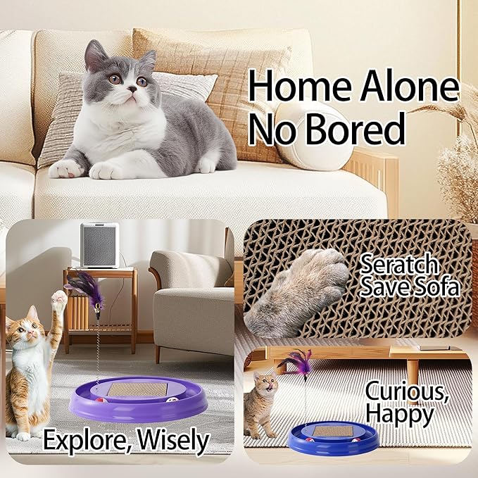 Interactive Cat Ball Track Toy Cat Scratcher with 2 Self-Rotating Balls and 1 Kitten Interactive Toy,Durable Scratch Pad for Indoor Play,Cardboard Scratcher Pad 3-in-1 Cat Toy (Purple)