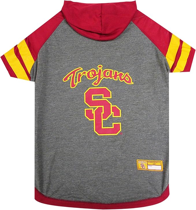 NCAA USC TROJANSHOODIE for Dogs & Cats, Small Collegiate Licensed Dog Hoody Tee Shirt. Sports Hoody T-Shirt for Pets. College Sporty Dog Hoodie Shirt.