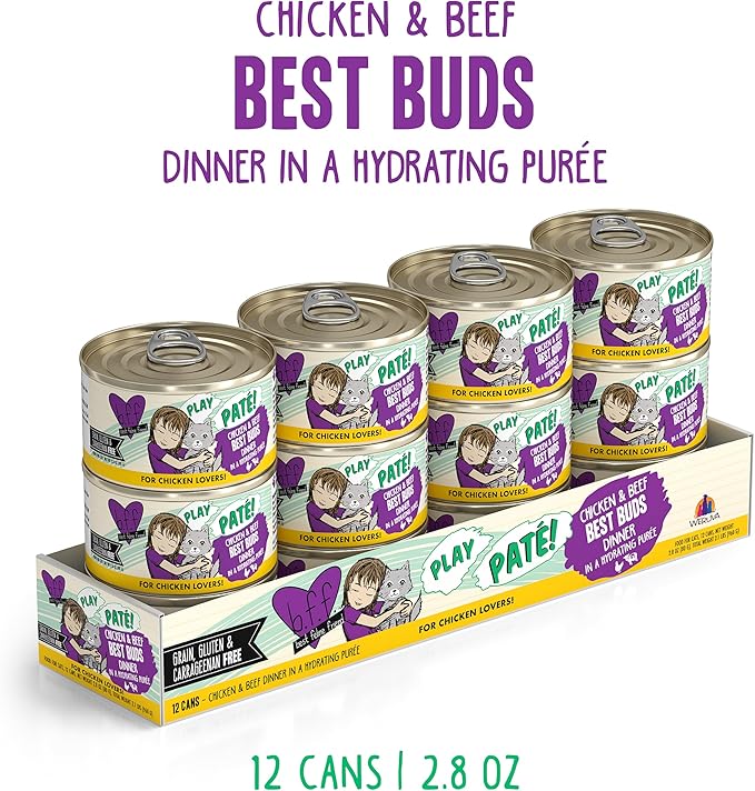 Weruva B.F.F. Play - Best Feline Friend Paté Lovers, Aw Yeah!, Chicken & Beef Best Buds with Chicken & Beef, 2.8oz Can (Pack of 12)