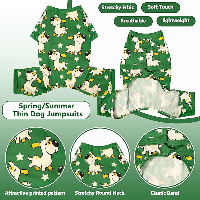 Dog Pajamas Summer Cute Print Puppy Jumpsuit Thin Dog Onesie Small Dog Clothes with Comfy & Elastic Frbic Puppy Pjs(Green Puppy, XX-Large)