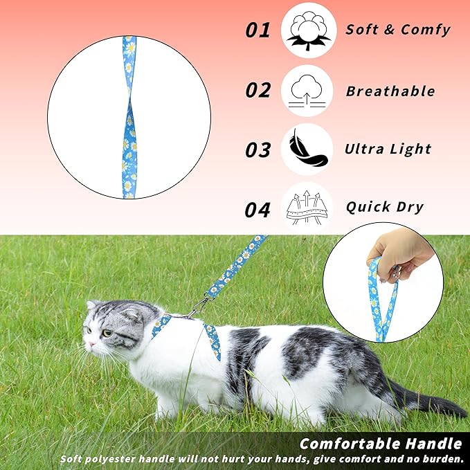 Seyezo Cat Harness and Leash Set, Adjustable Kitten Harness Escape Proof Cats Harness, Soft Lightweight Walking Travel Pet Harness, Cute Kitty Harness Leash Set for Small Medium Cats, Blue Daisy