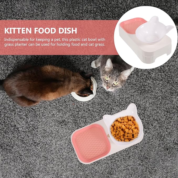 Veemoon Multi-Functional Cat Grass Planter and Pet Feeder Bowl with Watering Dish, Pink Kitten Food and Drinking Station for Indoor Cats