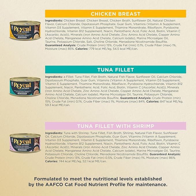 Reveal Entrées Natural Wet Cat Food, Grain-Free with Added Vitamins & Minerals, Carrageenan-Free and High Protein, Variety Selection in Broth (12 x 2.47 oz cans)