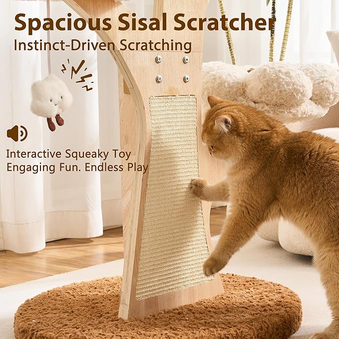 Aesthetic Flower Cat Tree Tower with Scratching Post for Indoor Cats, 48" Modern Cat Tree with Wood Sculpted Branch, Flower Cat Beds, Scratching Board & Interactive Squeaky Toy, Creamy White