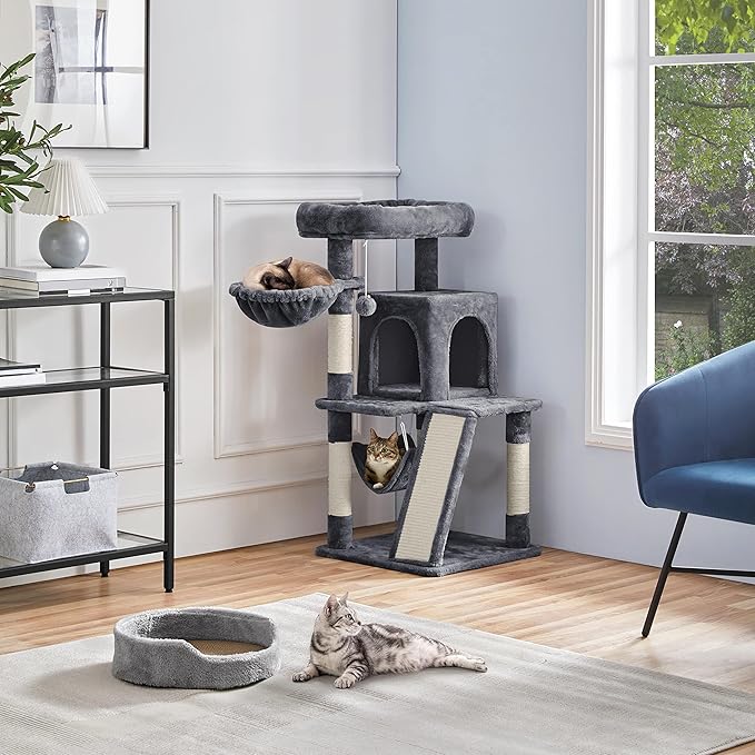 Topeakmart 40In Cat Condo for Medium Cats, Cat House with Sisal-Covered Scratching Posts & Soft Platform, Dark Gray