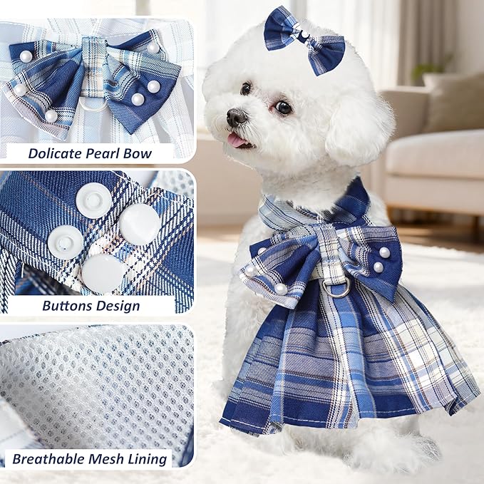 Dog Dress Bowknot Harness Leash Set for Small Dogs Girl Cute Plaid Dog Dress Pearls Bow Tie Spring Summer Princess Clothes Birthday Holiday Doggie Outfits for Puppy Cats Girl (Lake Blue, Large)