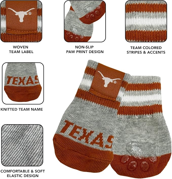 NCAA Texas Longhorns Anti Slip Dog Socks with Elastic Ribbed Top, Size Medium/Large. Indoor/Outdoor Socks, Best Dog Paw Protector, 2 Pairs of Pet Socks with Your Favorite Collegiate Sports Team