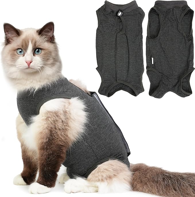 Hpetppy Cat Recovery Suit After Surgery, Breathable Cat Surgery Recovery Suit for Spay Abdominal Wounds or Skin Diseases, E-Collar Alternative Wear for Small Male Female Pets (Dark Grey, L)