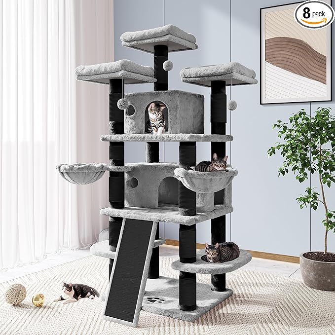 Allewie 68 Inches Cat Tree/House and Towers for Big Feline/Scratching Post/Multi-Level Large Kitty Climbing Tree with Condo/Black & Grey