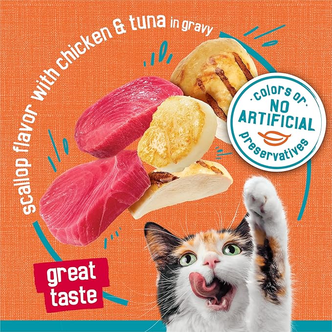 Friskies Purina Wet Cat Food Tasty Treasures with Chicken and Tuna in Gravy (Scallop Flavor) - 5.5 oz. Cans (Pack of 48)