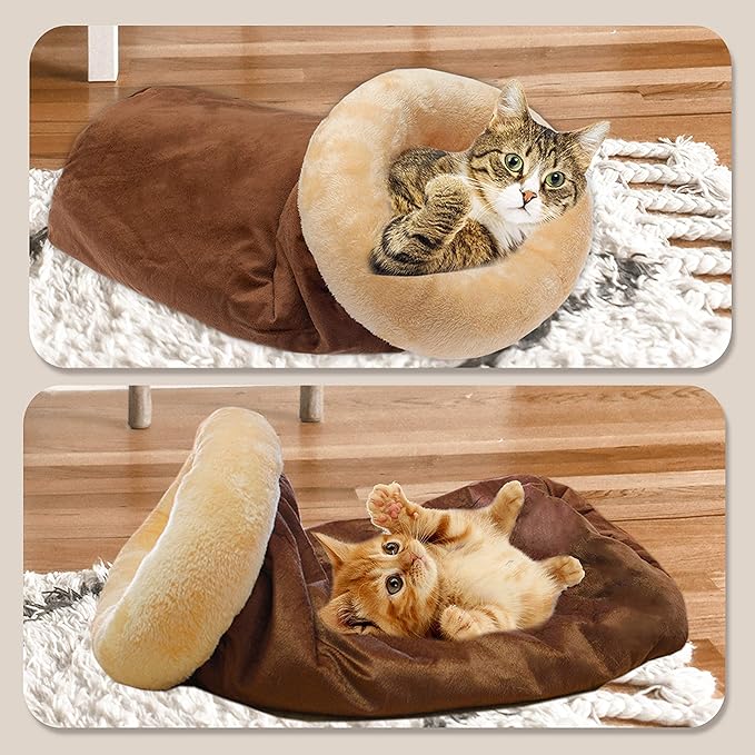 FLYSTAR Cat Bed Cave - Soft Cat Sleeping Bag for Indoor Cats, Self Warming Hideaway Pet Tunnel Bed Snuggle Sack for Small, Medium, Large Cats
