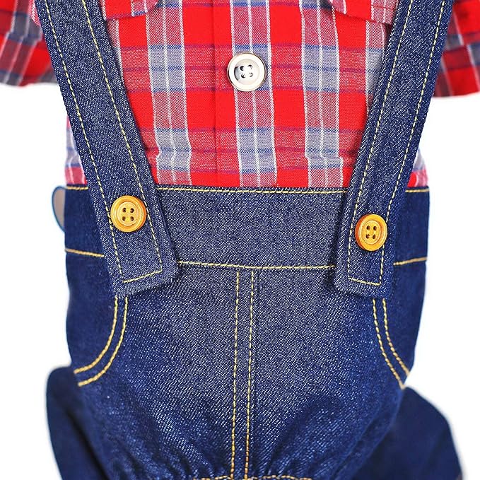 SMALLLEE_LUCKY_STORE Pet Clothes Costume Puppy Denim Overalls for Small Medium Dogs Cats Boys Bowtie Plaid Shirt Jeans Pants Outfits Chihuahua One Piece Jumpsuit,Red S