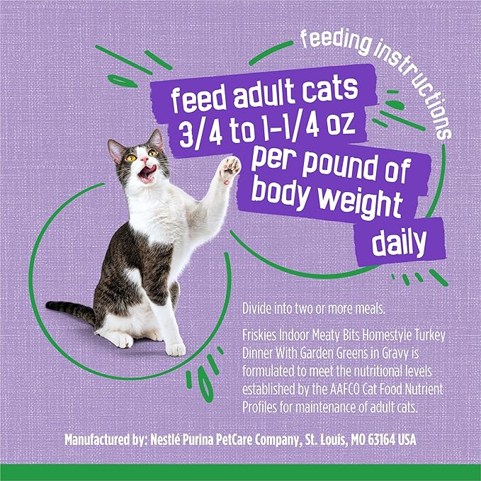 Friskies Purina Indoor Cat Food Meaty Bits Homestyle Turkey Dinner with Garden Greens in Gravy - 5.5 oz. Cans (Pack of 48)