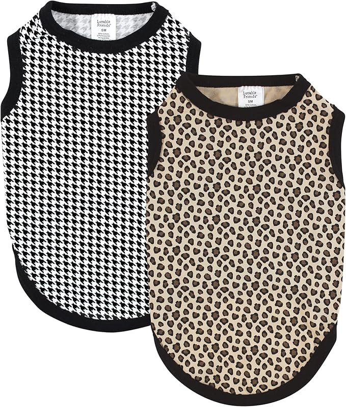 Luvable Friends Dog Pet Dog and Cats Cotton T-Shirts 2pk, Leopard Houndstooth, Medium