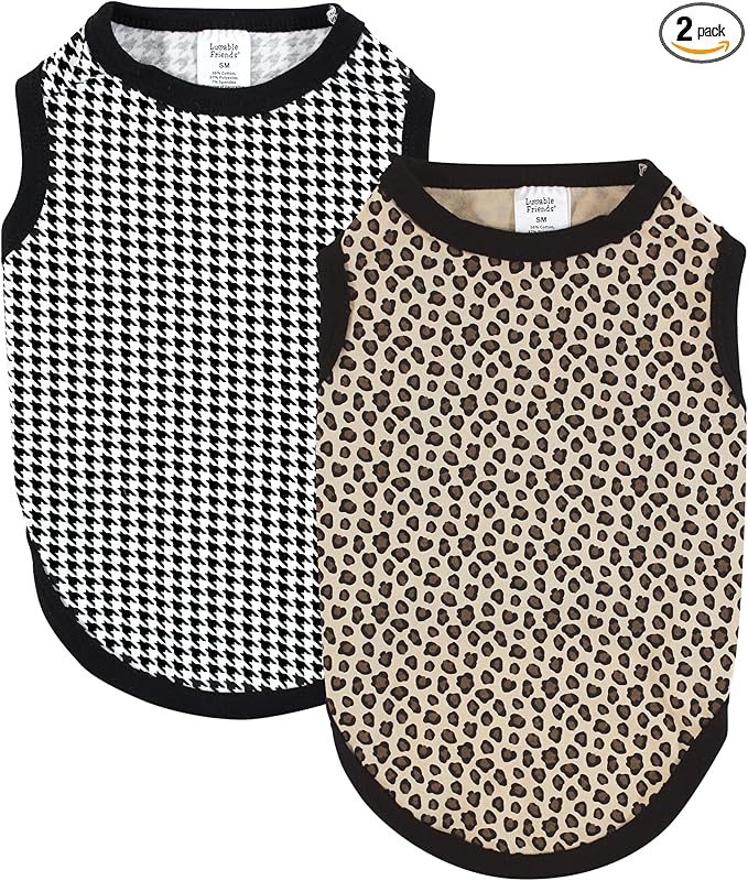 Luvable Friends Dog Pet Dog and Cats Cotton T-Shirts 2pk, Leopard Houndstooth, Small