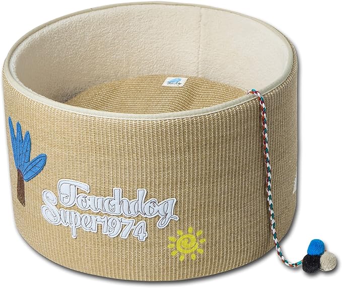 Pet Life ® Touchcat 'Clawver Nest' Rounded Kitty Scratcher Furniture Cat Bed Lounger with Scratching Exterior Shell and Built-in Hanging Teaser Cat Toy
