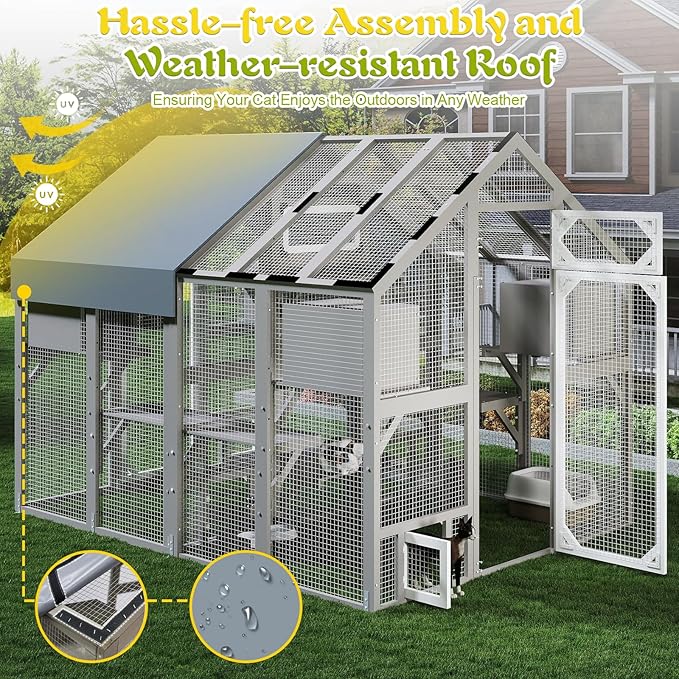 PetsCosset Large Cat Catio for Multiple Cats Outdoor Cat Patio Enclosures Wooden Walk in Cats House Outside Shelter Kitty Kennel Weatherproof Roof,Attached to House's Window Cat's Door and Tunnel