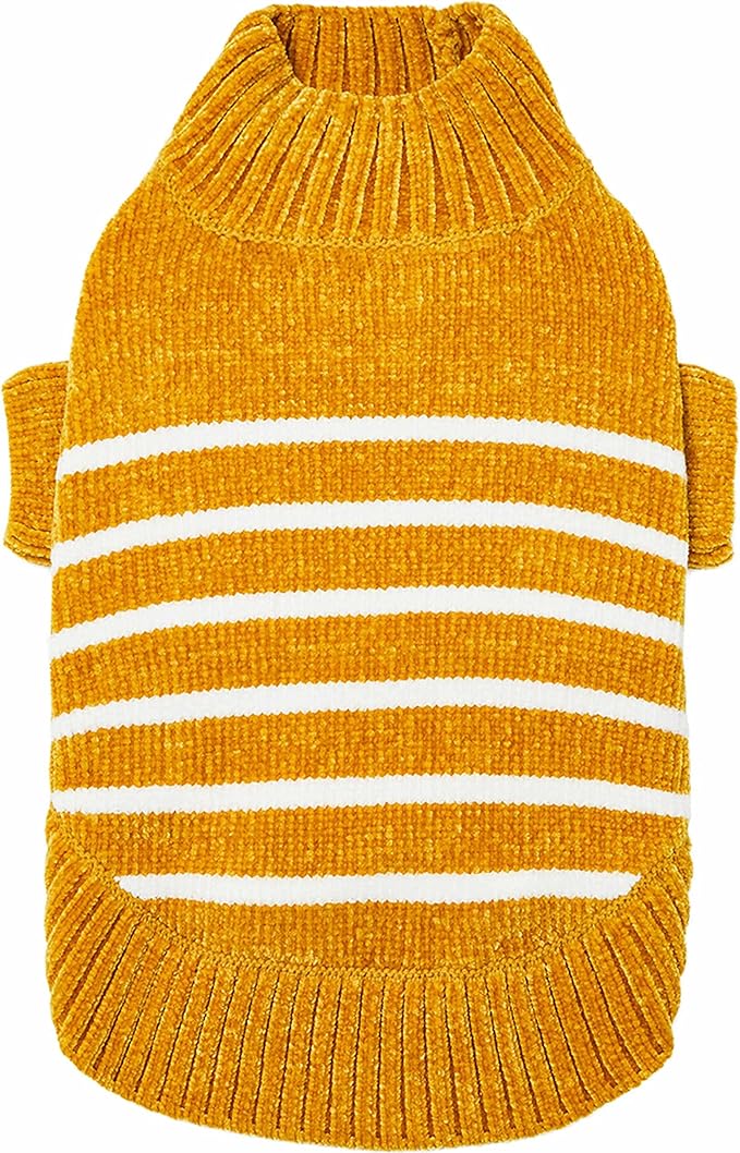Blueberry Pet Cozy Soft Chenille Classy Striped Dog Sweater in Mustard, Back Length 16", Pack of 1 Clothes for Dogs