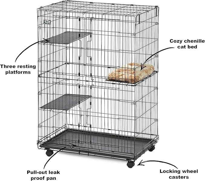 MidWest Homes for Pets Folding Metal Indoor Cat Playpen, Cage Includes Locking Wheels, 3 Platforms, Removable Tray, Plush Bed, Suited for 1-3 Cats