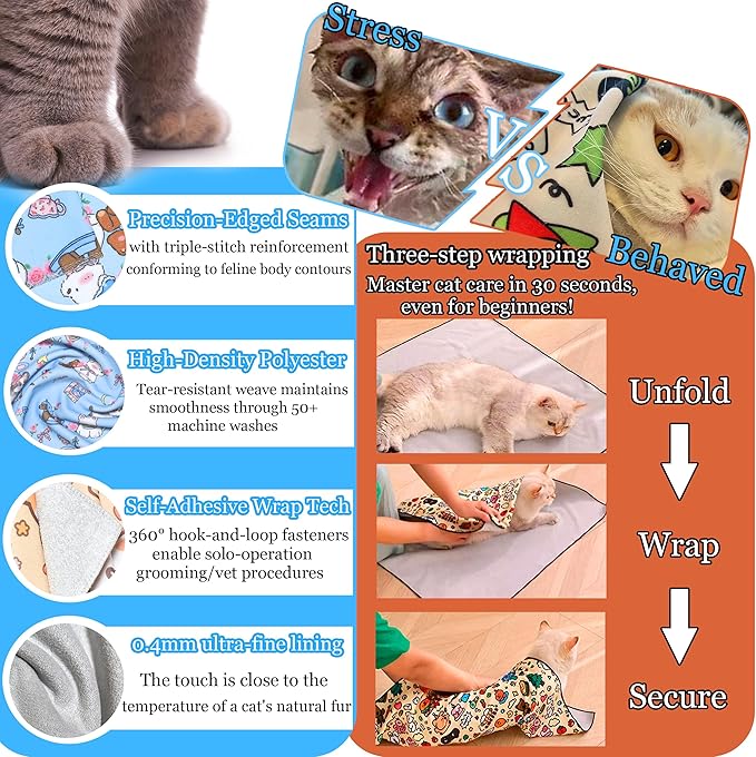 Cat Grooming Wrap, Cat Restraint for Nail Clipping, Velcro Fabric for Cats, Cat Swaddle Wrap Preventing Scratching, Anti-Escape Grooming Bag for Calming Care and Multi-Use（Blue dog:21.6*21.6in）