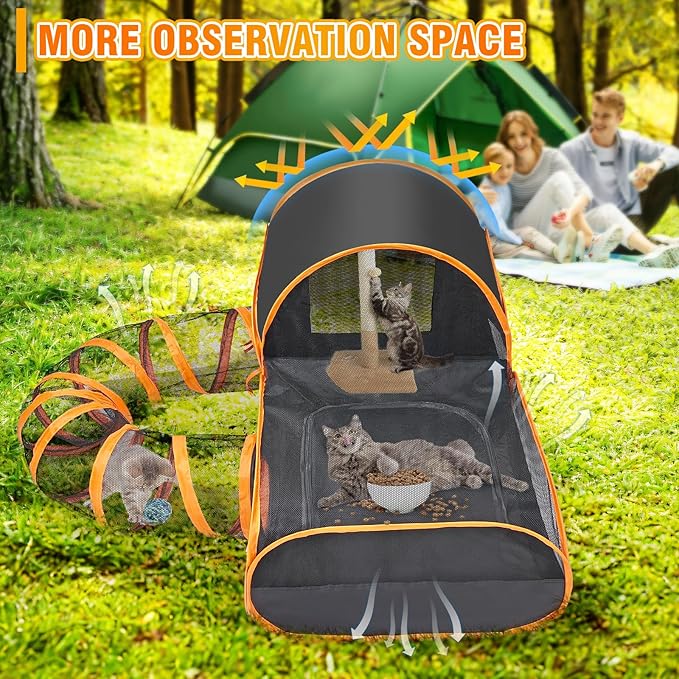 Portable Cat Playpen with Surround Tunnel, 2-Linked-Enclosed Areas, Ideal Cat Tent Outdoor or Cat Playpen for Indoor Cats Enclosed.Breathable Mesh Design for Indoor & Outdoor Use(Black)