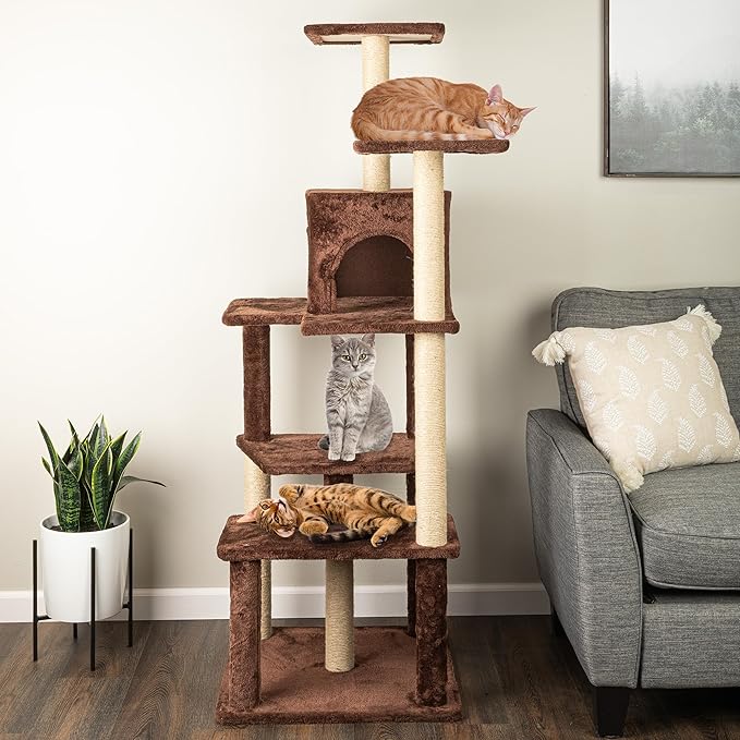 64 Inch Tall Cat Tree Tower - Cat Tower with Kitten Condo, Climbing Perches, and 5 Jute Rope Scratching Posts - Multi-Level Kitten Tree and Climbing Activity Furniture by PETMAKER (Brown)