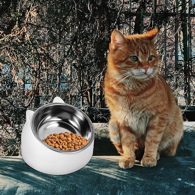 UPKOCH 200ml Anti-Spill Stainless Steel Cat Bowl with Neck Protection and Tilted Design, Small White Pet Feeding and Watering Bowl for Cats
