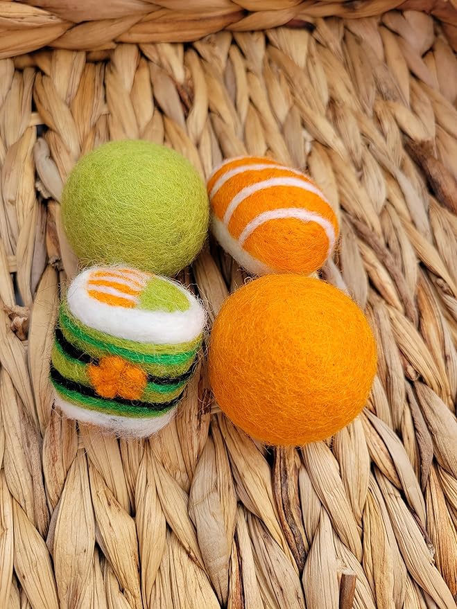 Wool Felt Sushi and Balls Cat Toys (Salmon Sashimi, Sushi Roll, Two Balls)