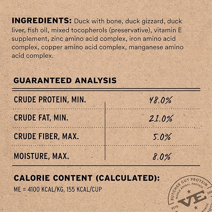 Vital Essentials Freeze Dried Cat Food, Raw Duck Soft Nibs | Complete Meal or Topper | 99% Duck, Organs & Bone | Limited Ingredient, High Protein, Grain Free Dry Cat Food | 12 oz Bag