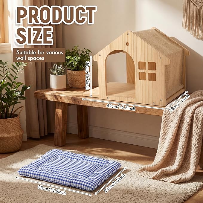 2 Pack Wall Mounted Cat Furniture, 16.5"x11" Solid Wood Cat Wall Shelves with Pillow Cushions, Wall-Mounted Box Condo House Perches, Stable Design for Small to Medium Cats, Space Saving