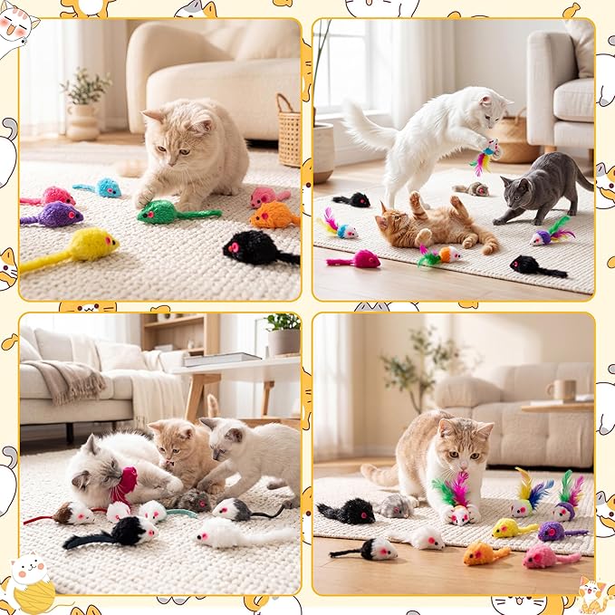 Leitee 201 Pcs Assorted Mice Cat Toys Bulk with Cat Paw Gift Storage Bags Set, Small Furry Mouse Kitten Toy for Indoor Cats, Interactive Play Color Varies (Mix Mice)