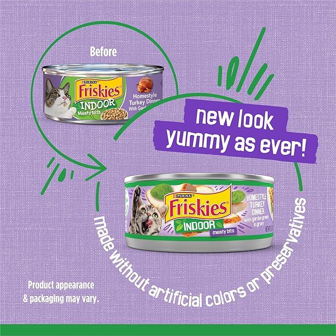 Friskies Purina Indoor Cat Food Meaty Bits Homestyle Turkey Dinner with Garden Greens in Gravy - 5.5 oz. Cans (Pack of 48)