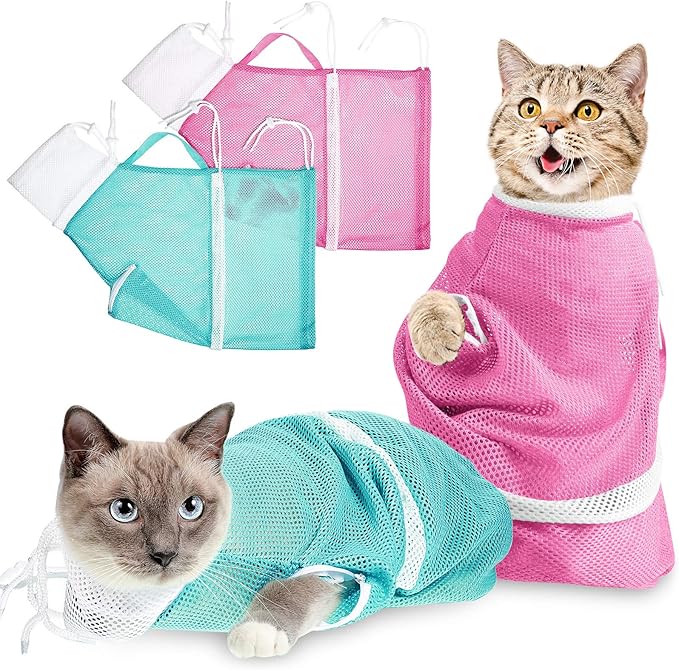Shappy 2 Pcs Cat Bathing Bag Adjustable Cat Grooming Net Bag Breathable Anti Bite Anti Scratch Restraint Net for Pet Wash, Nail Trimming, Pet Examination, Ears Clean(Pink, Green)
