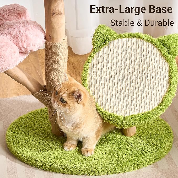 Aesthetic Flower Cat Tree Tower with Scratching Post for Indoor Cats, 30" H Modern Cat Tree with Natural Solid Wood Branch, Fluffy Cat Beds Removable & Large Scratching Board, Creamy White